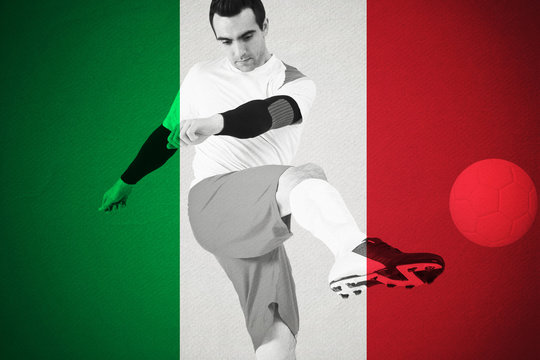 Football player in blue kicking against italy national flag