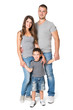 Family Full Length Portrait, Mother Father and Child, Happy Parents with Kid Son, Three People over White background looking at camera