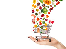 Collage Of Shopping Cart With Vegetables And Fruits Isolated On 