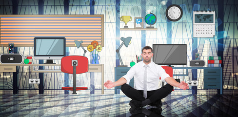 Poster - Businessman meditating in lotus pose against room with large window looking on city