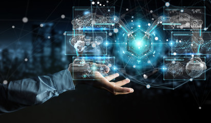 Poster - businessman using robotics arms with digital screen 3d rendering