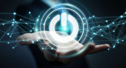 Poster - Businessman using 3D render power button with connections