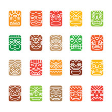 Tiki Totem Colored Smile Emotions Faces Muzzles Icons Collection Set