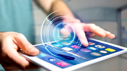 Poster - Businessman using a Shinny technologic computer button on a smartphone - 3d render