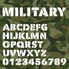 Sticker - Old military alphabet, bold letters and numbers on army green camouflage background. Stencil vector font