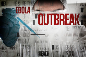 Poster - Protected female scientist dropping a blue liquid in a test tube against ebola words