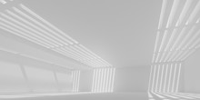3D Stimulate Of White Interior Space With Sun Light Cast The Roof Shadow On The Wall And Floor,Perspective Of Minimal Design Architecture,3d Rendering	