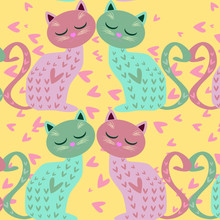 Cute Seamless Background With Funny Cats And Flowers In Cartoon Style