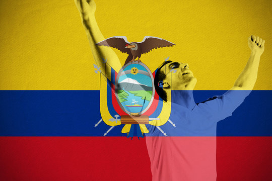 Excited football fan cheering against ecuador national flag