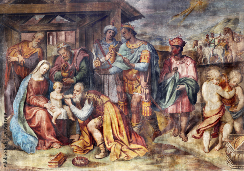 The freso of Adoration of Three Magi in church Chiesa di Santa Croce by Giovanni Maria Conti della Camera - obrazy, fototapety, plakaty 