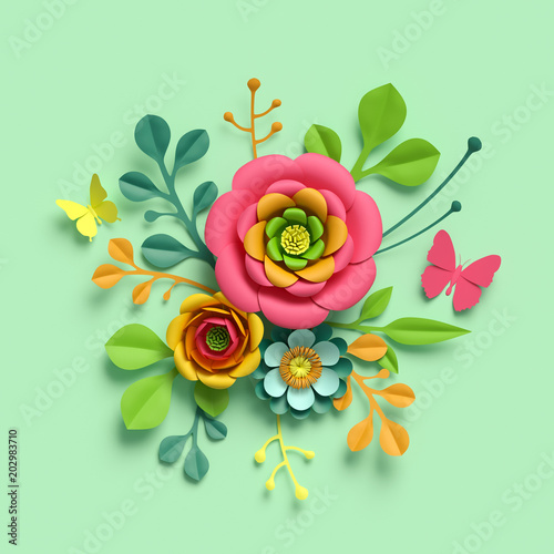 3d Render Craft Paper Flowers Round Floral Bouquet