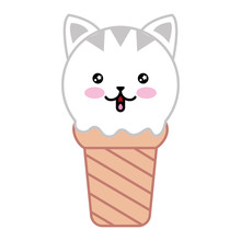 Kawaii Ice Cream Face Cat Cartoon Vector Illustration
