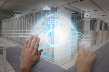 Poster - Hands pointing and presenting against data center