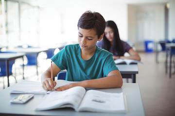 Poster - Schoolboy doing homework in classroom