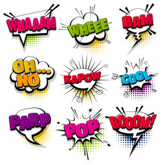 Wall Mural - whee cool kapow pop set hand drawn pictures effects template comics speech bubble halftone dot backg