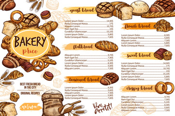 Bakery menu template of bread for cafe and pastry