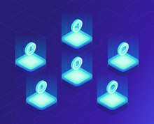 Isometric Cloud Mining Concept. Bitcoin Ethereum Ripple Litecoin Dash Monero Coins In Cloud Mining Chain Design. Ultra Violet Background. Vector 3d Isometric Illustration.