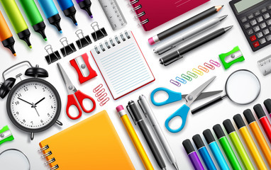 school and office supplies vector set background with colorful school items and stationery collectio