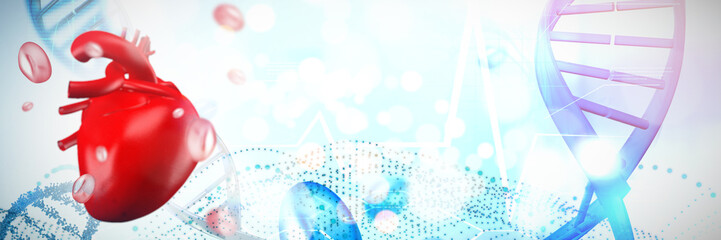 Poster - Digitally generated image of heart against blue chromosomes on blue background