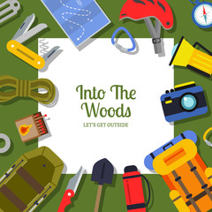 Poster - Vector flat style camping elements background illustration with place for text in center