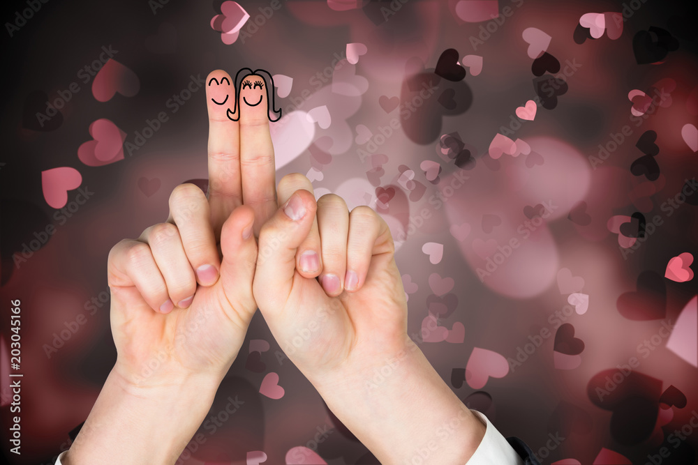 Fingers crossed like a couple against valentines heart design - obrazy, fototapety, plakaty 