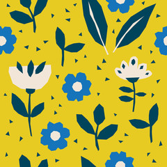 Fototapete - seamless pattern with flowers and leaves in scandinavian style