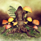 Fototapeta  - Tron z pnia drzewa z kolorowymi grzybami i paprocią