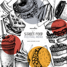Street Food And Drinks Festival Menu With Vintage Illustrations. Fast Food Engraved Style Design With Vector Drawing For Logo, Icon, Label, Packaging, Poster.