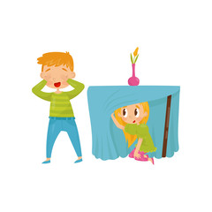 Brother and sister playing hide-and-seek. Girl hiding under table. Boy closing eyes with his hands. Flat vector design