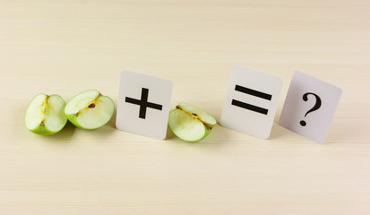 School card and apple with math problems