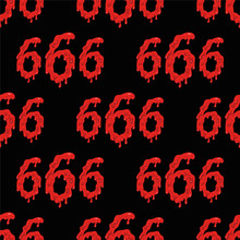 Cartoon Seamless Pattern With Bloody Numbers 666 On Black Background.Hell, Death And Satan Symbol.