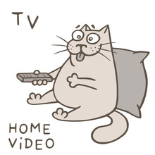 Cute Cat With Control Panel Watching Home Video. Vector Illustration