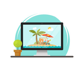 Poster - Online travel via computer vector illustration, concept of on-line trip or journey booking via pc, flat cartoon computer screen with beach resort on working table front view