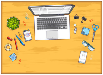 Fototapete - Wooden work desk workspace top view with laptop computer and a lot of different stationery objects on table with copy space. All elements are easy to use separately or recompose illustration. Vector.