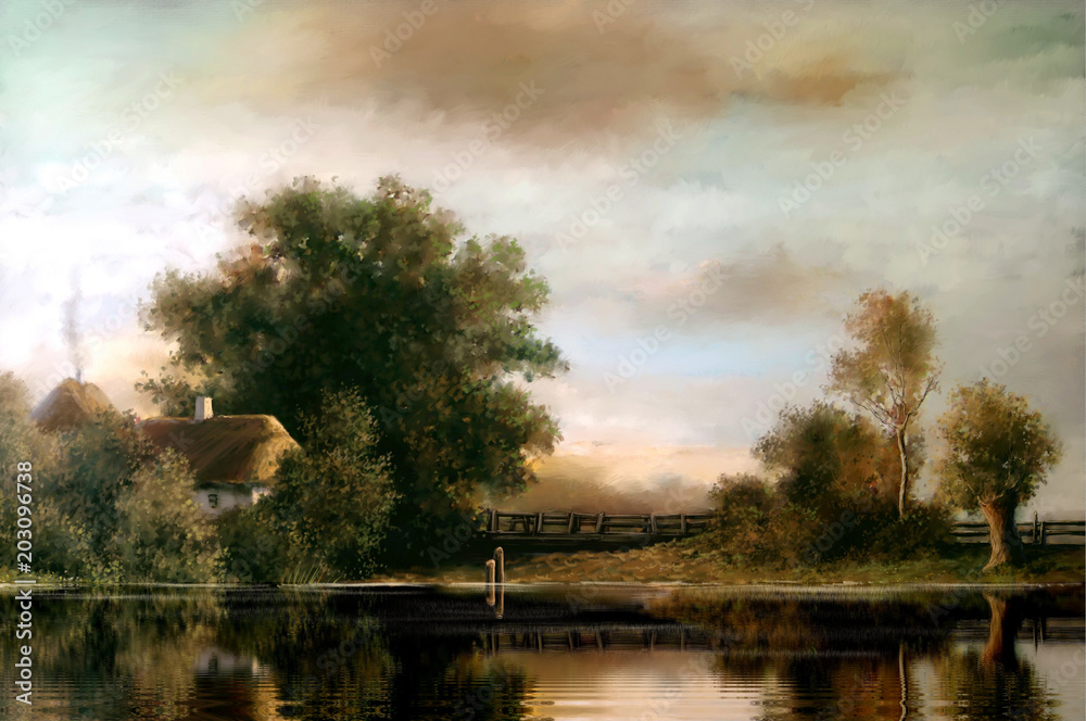 Oil paintings rural landscape. Fine art. Stock Illustration | Adobe Stock