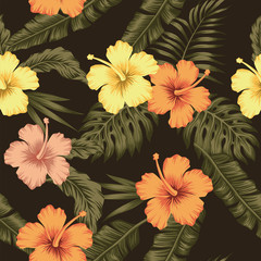 Wall Mural - Flowers hibiscus tropical green banana leaves seamless pattern background
