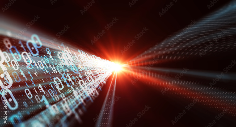 Binary code background/Color bytes of binary code flying through a ...