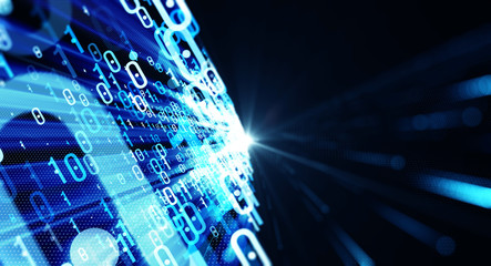Poster - Binary code  background/Color  bytes of binary code flying through a vortex, background code depth of field with lens flares