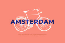 Hand Drawn White Bicycle With Inscription Amsterdam. Most Common Transport In Amsterdam. Can Be Used For Postcards And Tourist Booklets. Vector Illustration.