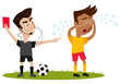 Fußball Cartoon, streng blickender Schiedsrichter pfeift, gibt heulendem Feldspieler rote Karte und schickt ihn vom Platz