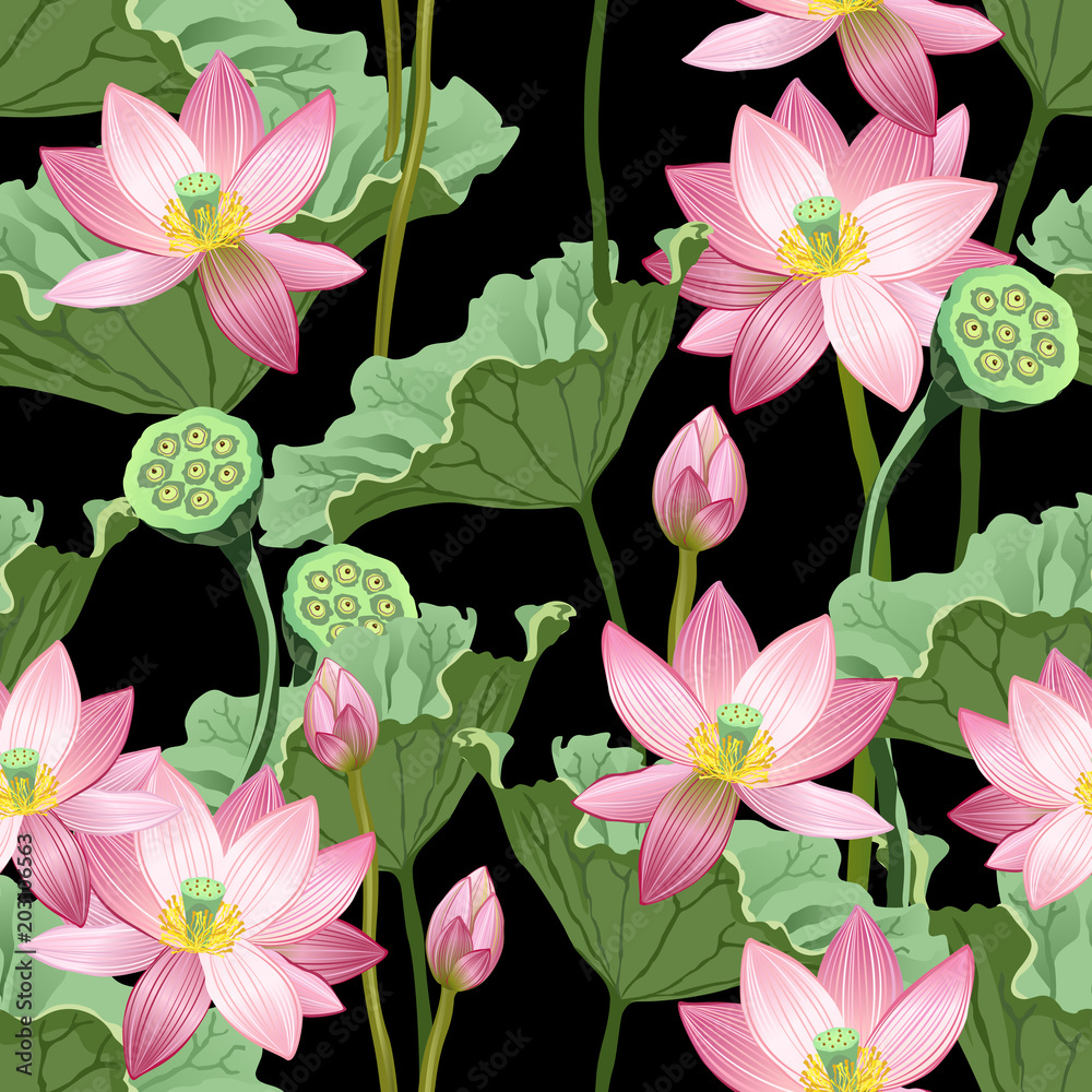 Seamless pattern with lotus flowers and leaves on black background ...