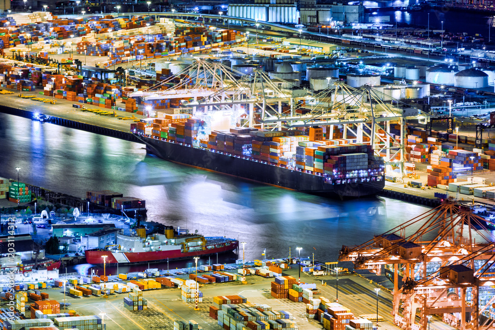 Aerial view of a cargo ship loaded in the Seattle harbor container ...