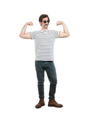 Wall Mural - young crazy man strong sign.full body cutout person against whit