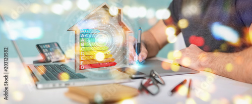 Fotomural Graphic designer using 3D rendering energy rating chart in a wooden house