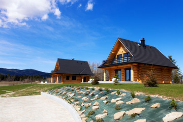  A housing estate of modern wooden houses.