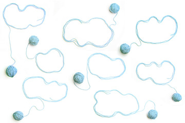 Wall Mural - set of clouds made of blue threads and thread balls isolated on white background. cotton thread ball