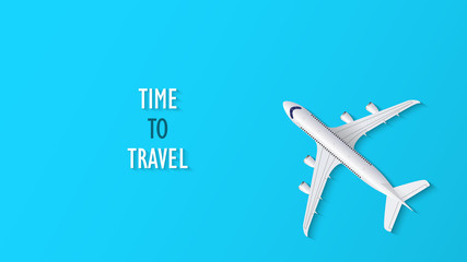 Sticker - Airplane on blue background with time to travel text, travel background, vector illustration