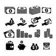 Financial icon set. Money icons. Money stack, coin stack, piggy bank, wallet with money, cash payment, hand holding money icons.