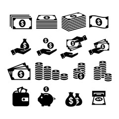 Financial icon set. Money icons. Money stack, coin stack, piggy bank, wallet with money, cash payment, hand holding money icons.