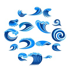  Blue waves icons set. Simple illustration of 16 blue waves vector icons for web